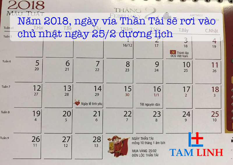 Năm 2018, ngày vía Thần Tài sẽ rơi vào chủ nhật ngày 25/2 dương lịch